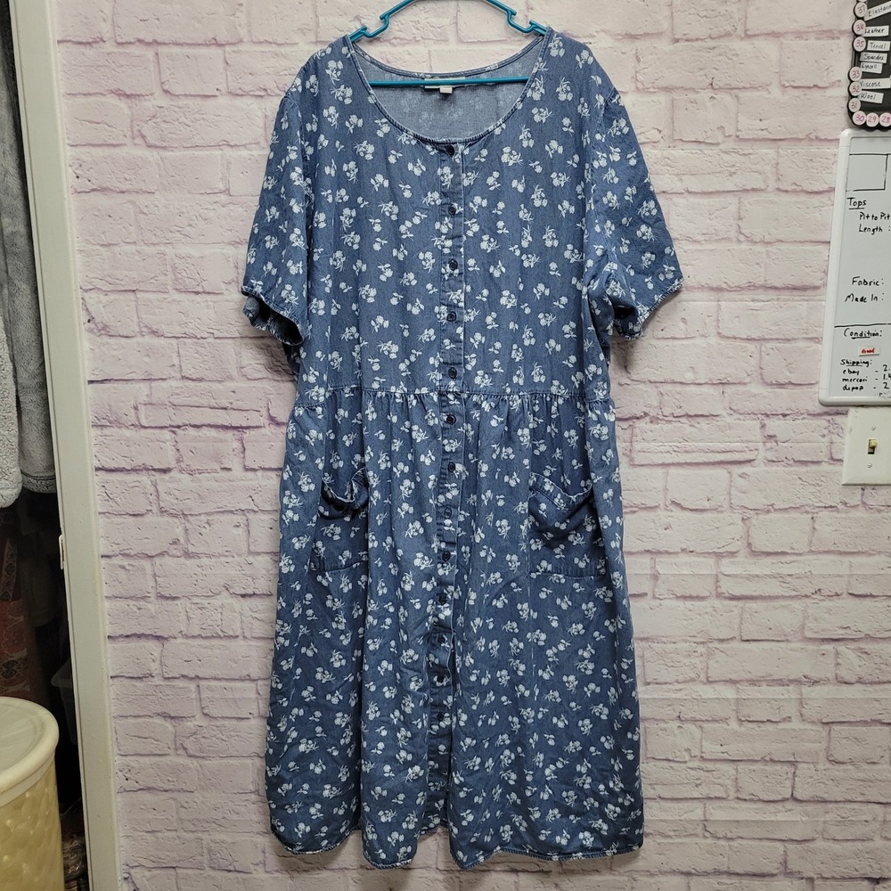Woman Within Blue Floral Denim Midi Dress 34W Button Front Pockets Cottage Boho
